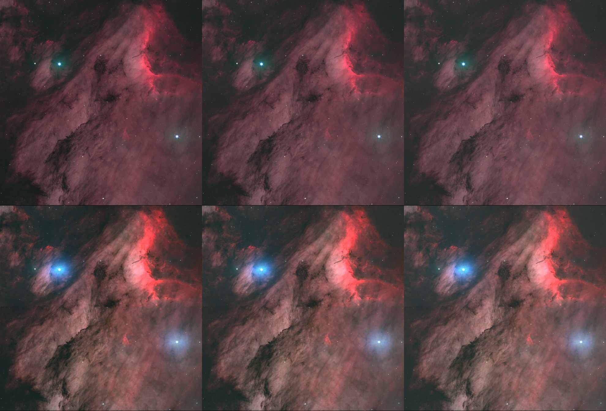 Six images: HOO and RGB boost, each at sky level 0.10, 0.125 and 0.15