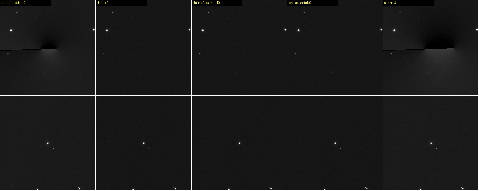 Grid of crops from the B mosaic comparing merge settings; the default shrink shows a dark wedge, shrink 0 does not