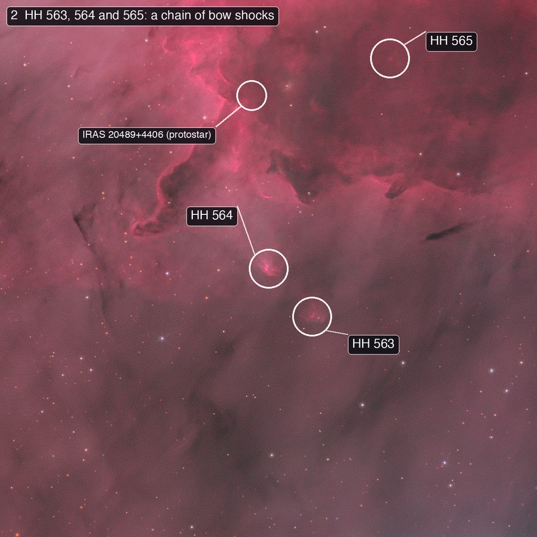 Below the bright rim: two small pink bow-shaped glows marked HH 564 and HH 563, a very faint spot marked HH 565, and the protostar position