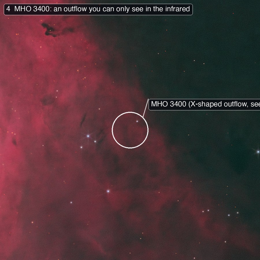 A dark and red boundary region with the position of MHO 3400 marked, where the outflow is invisible in this image