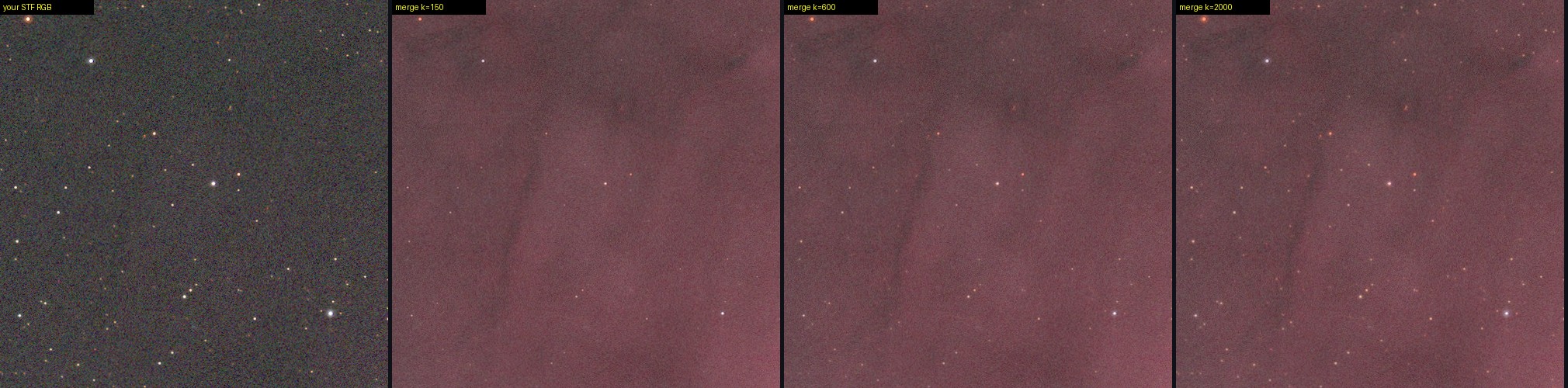 The same field: the stretched RGB, and merges with arcsinh strength 150, 600 and 2000