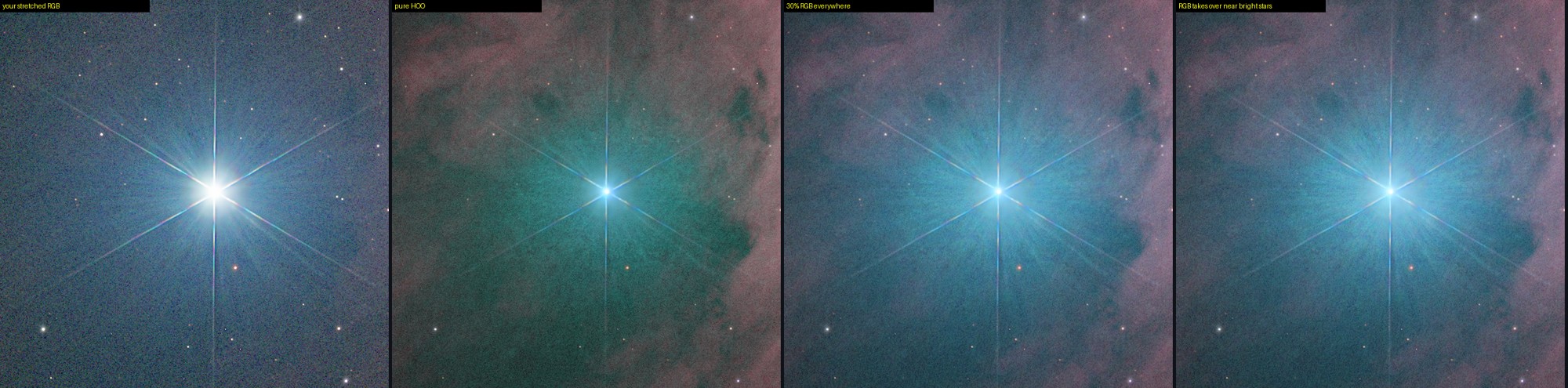 The brightest star: stretched RGB, pure HOO, 30 percent RGB blend, and RGB taking over near bright stars