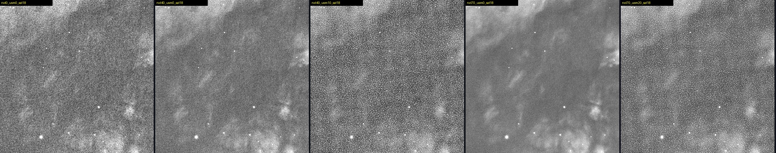 The same dark patch of sky with five different NXT and unsharp mask settings, contrast stretched