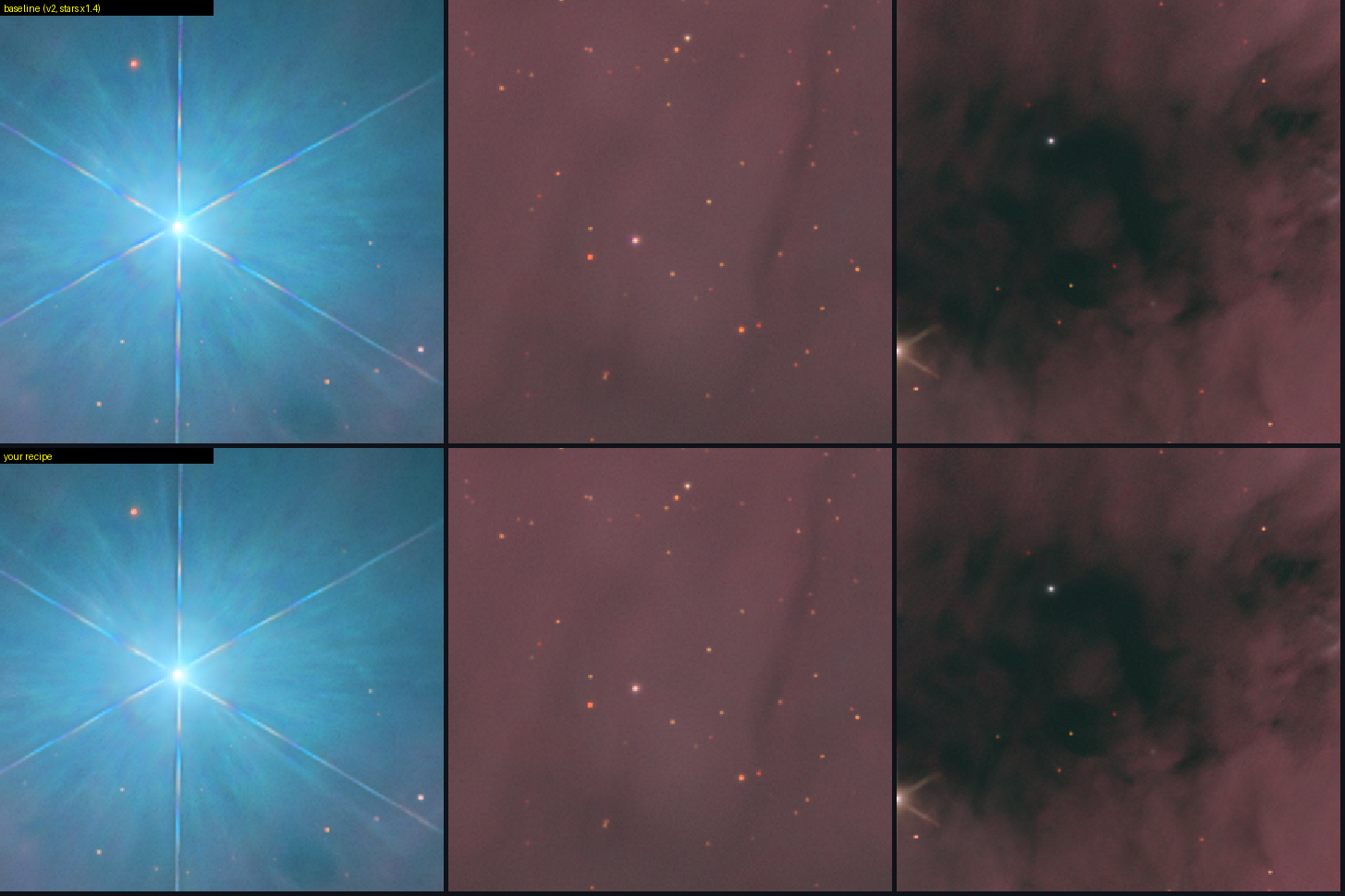 Top: previous stars. Bottom: the luminance/colour recipe. Three regions: the brightest star, a star field, a dark area