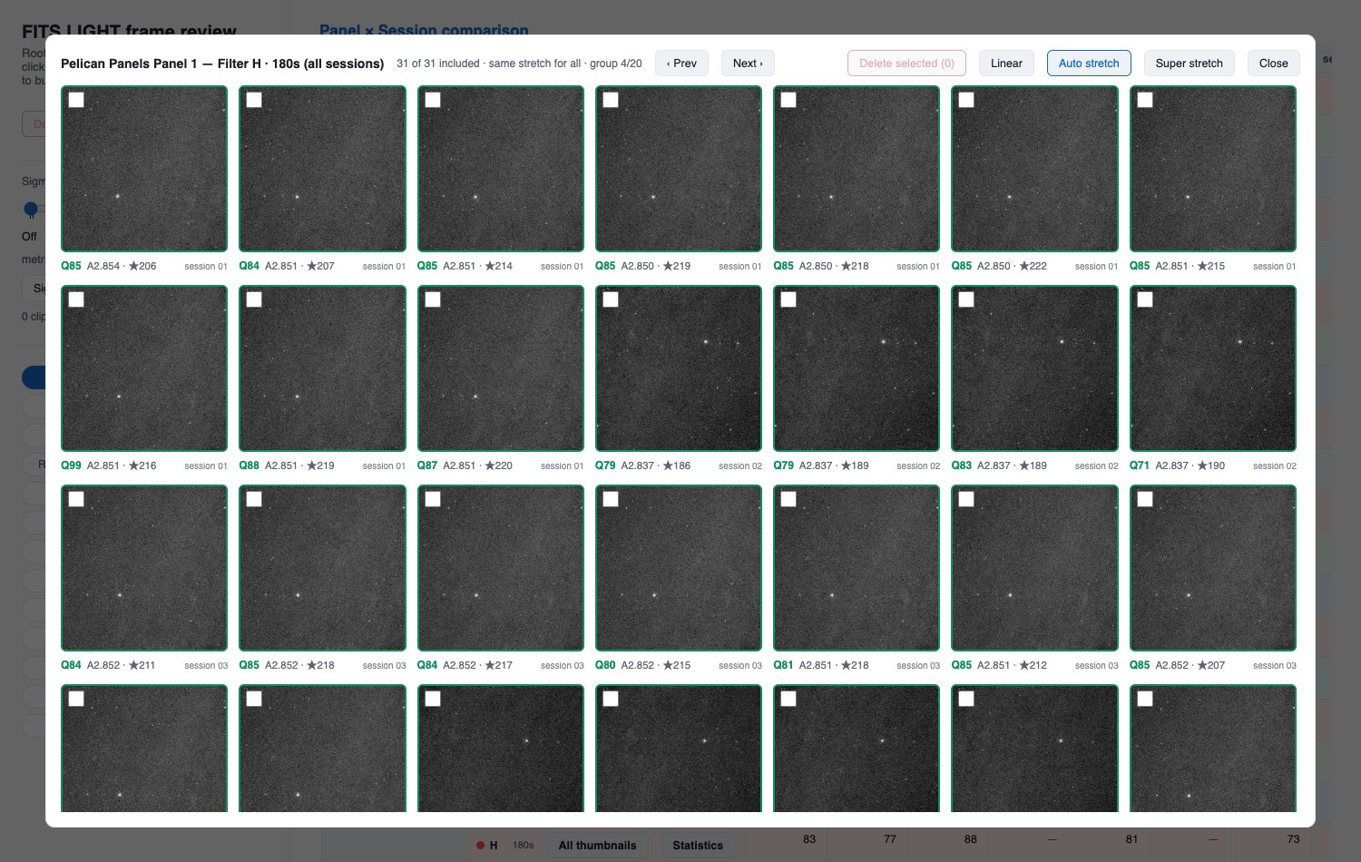Review tool thumbnail grid of 31 H-alpha frames of panel 1 with quality scores and star counts