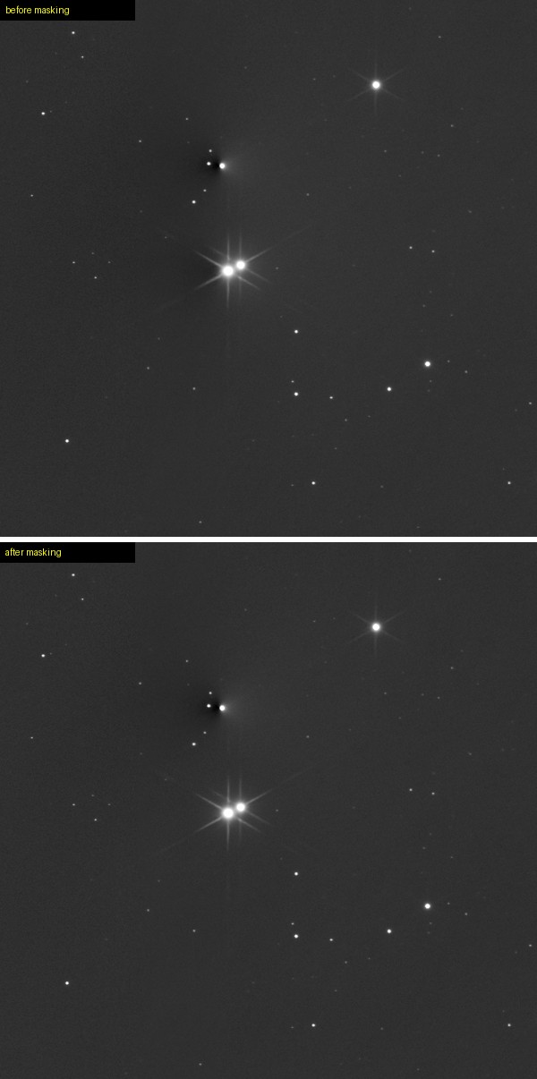 Two crops of the R mosaic at a panel join, the top one with dark shadows beside two bright stars, the bottom one clean