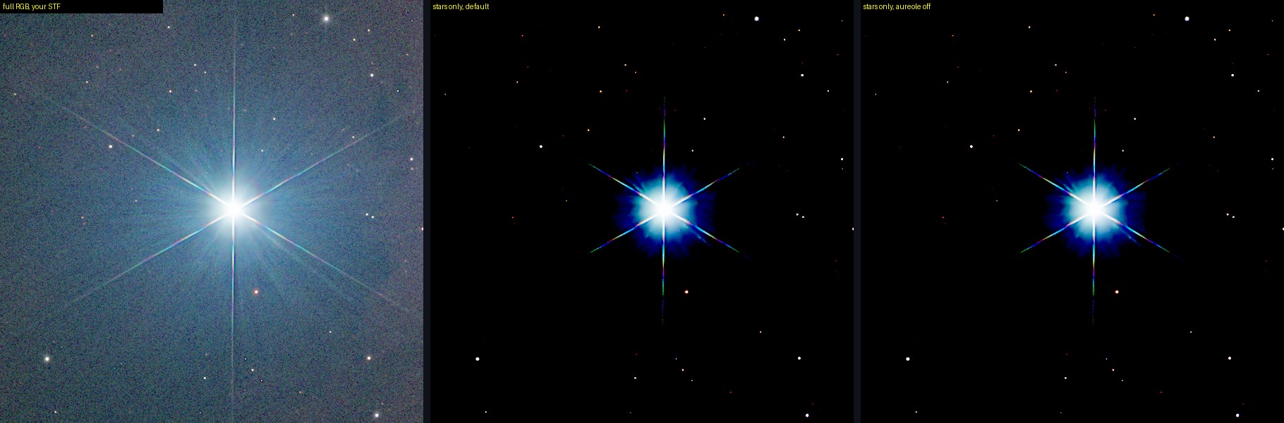 The brightest star: full stretched RGB, stars only with default extraction, stars only with aureole removal