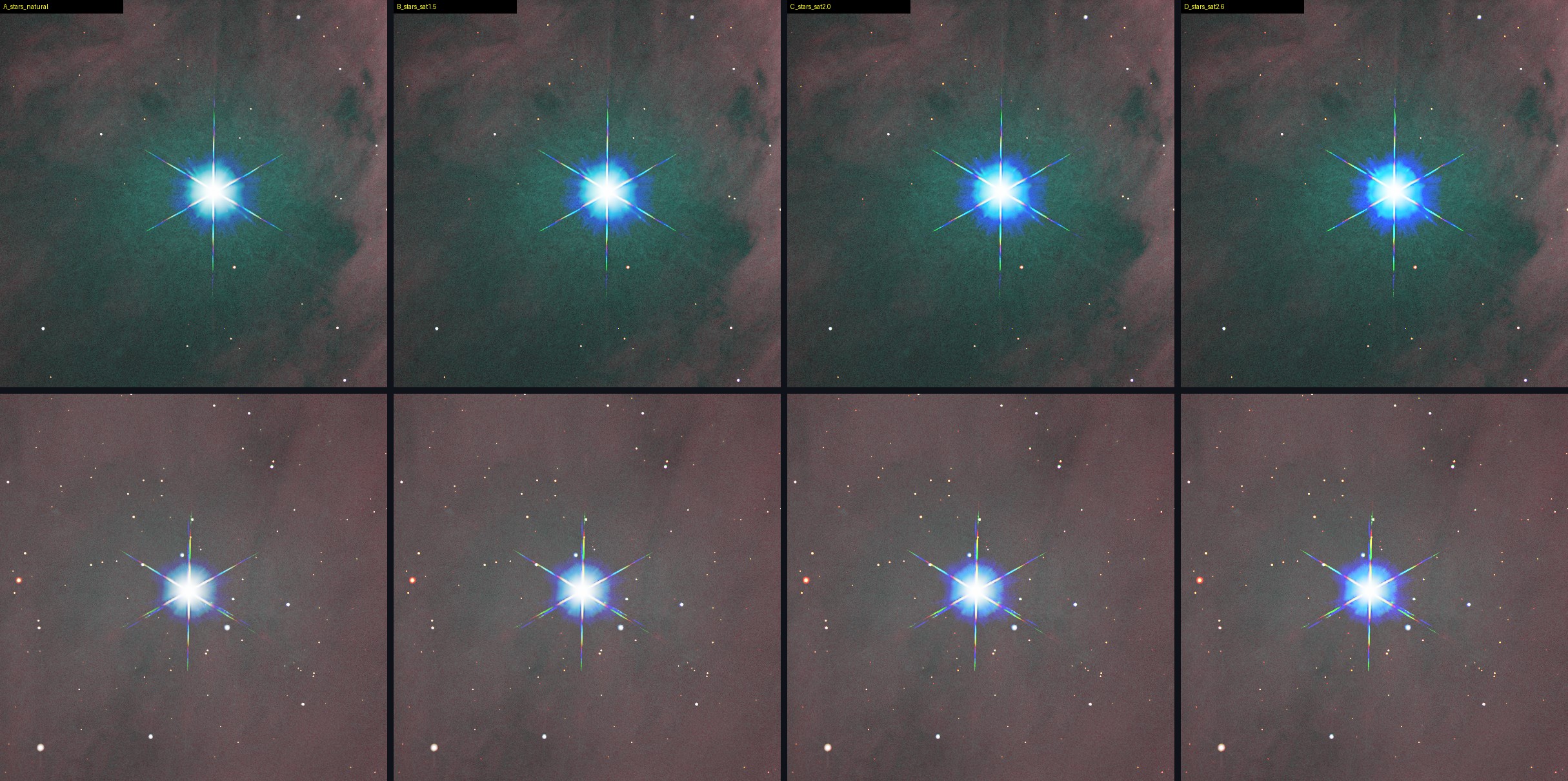Close-ups of two bright stars for the four saturation versions